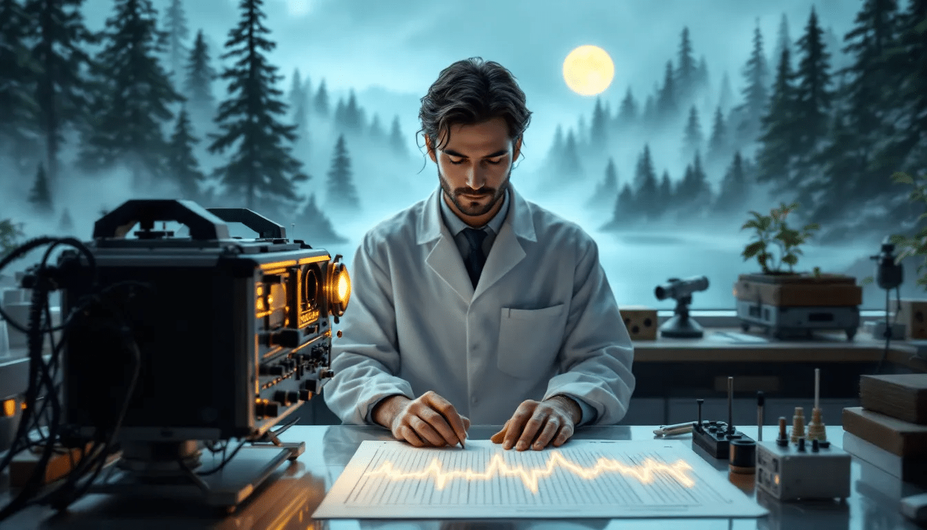 A scientist analyzing sound frequencies in a laboratory setting.