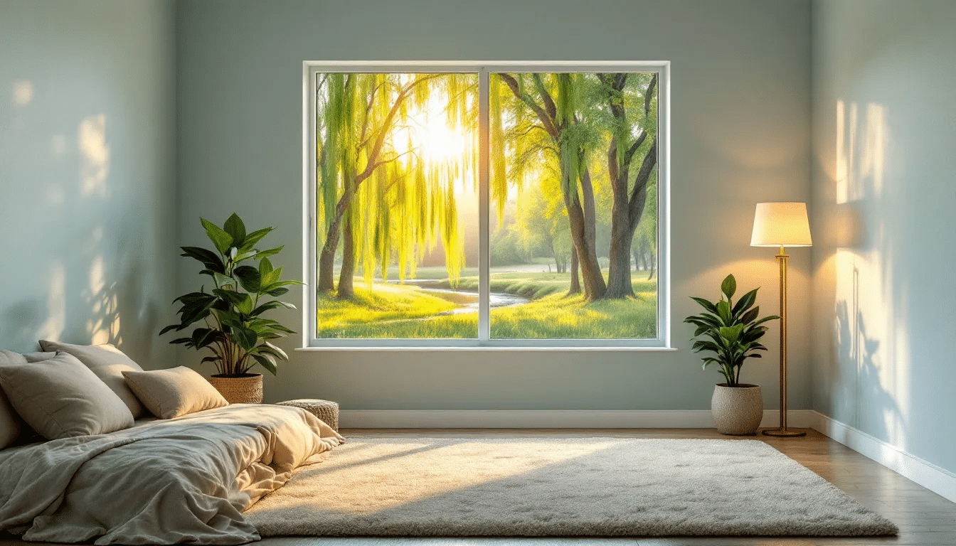 A peaceful bedroom setting with soft lighting for deep sleep music.