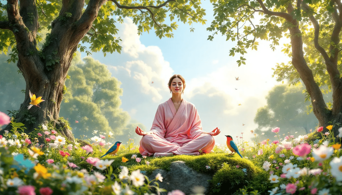 A person meditating with calming music in the background, surrounded by nature.