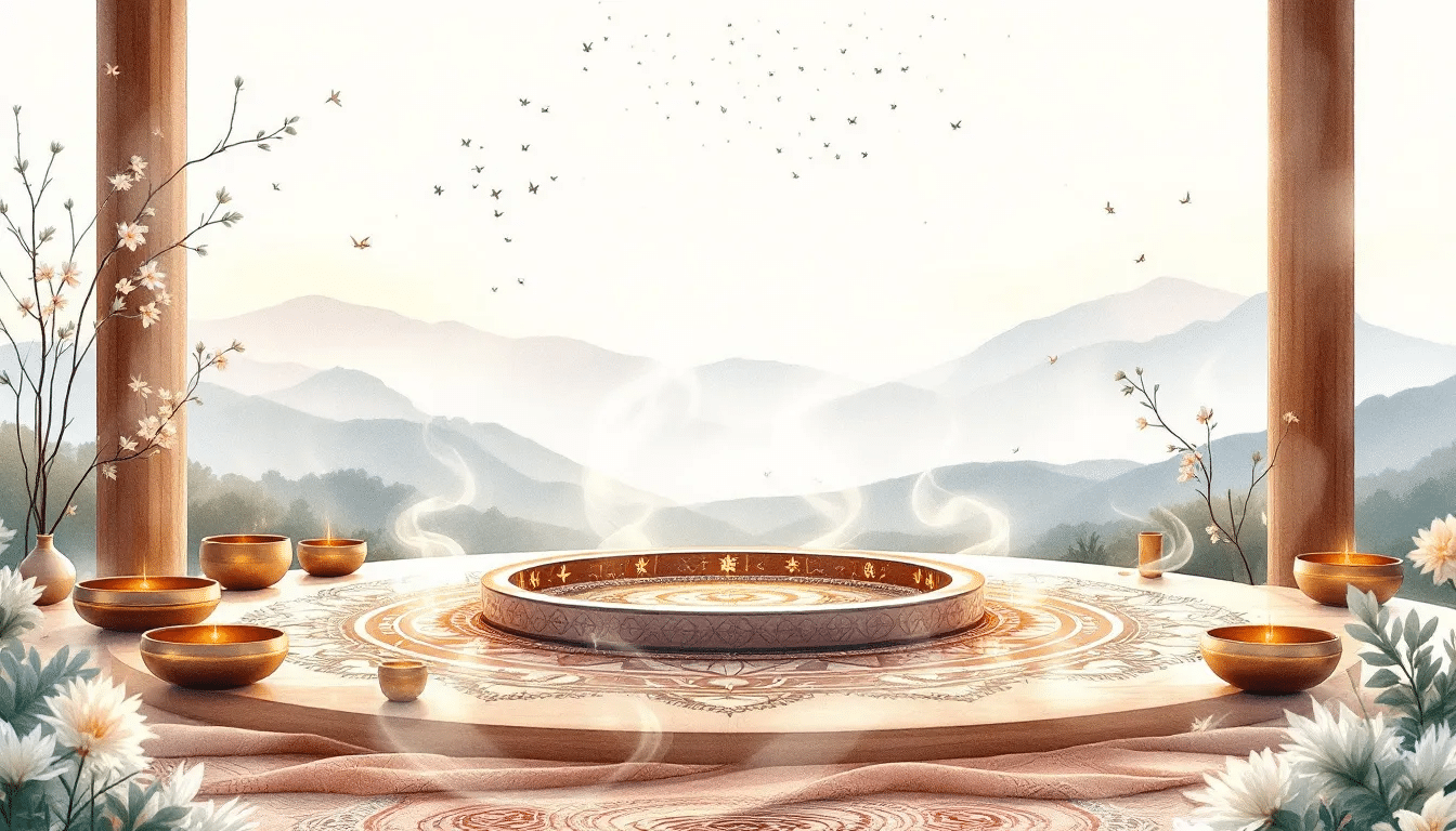 An illustration of sound healing techniques, including sound baths and Tibetan singing bowls.