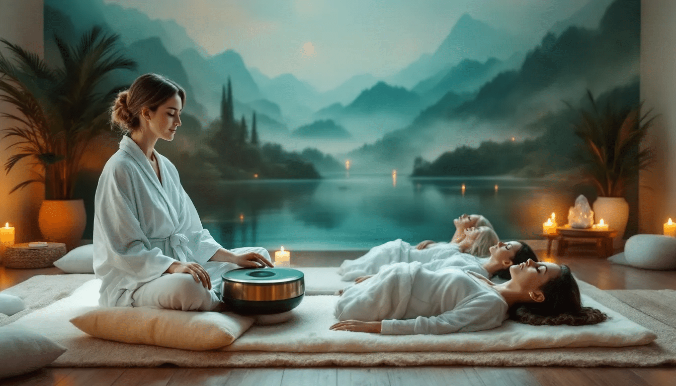A modern sound healing session in progress, showcasing a sound therapist guiding participants.