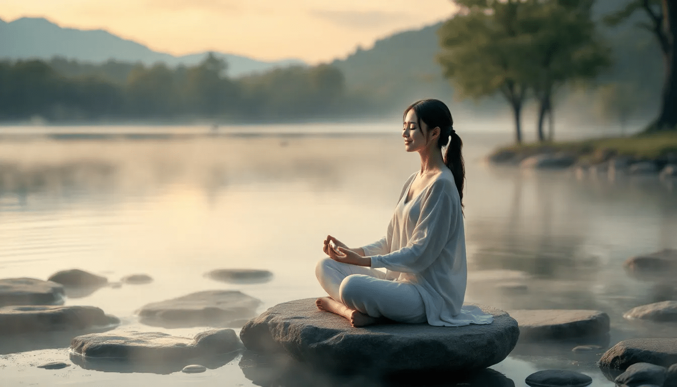 A person meditating in a calm environment, surrounded by soothing music elements.