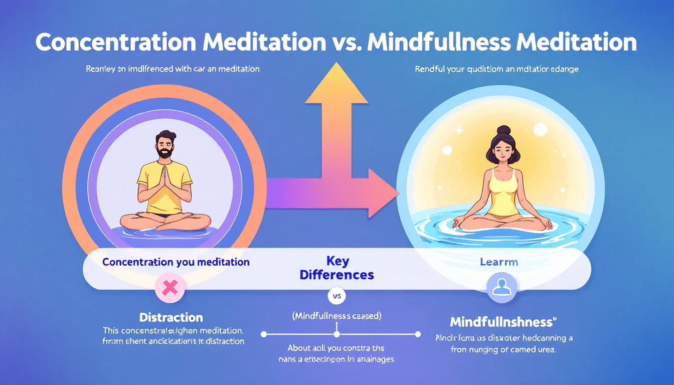 A comparison chart illustrating the key differences between concentration meditation and mindfulness meditation.