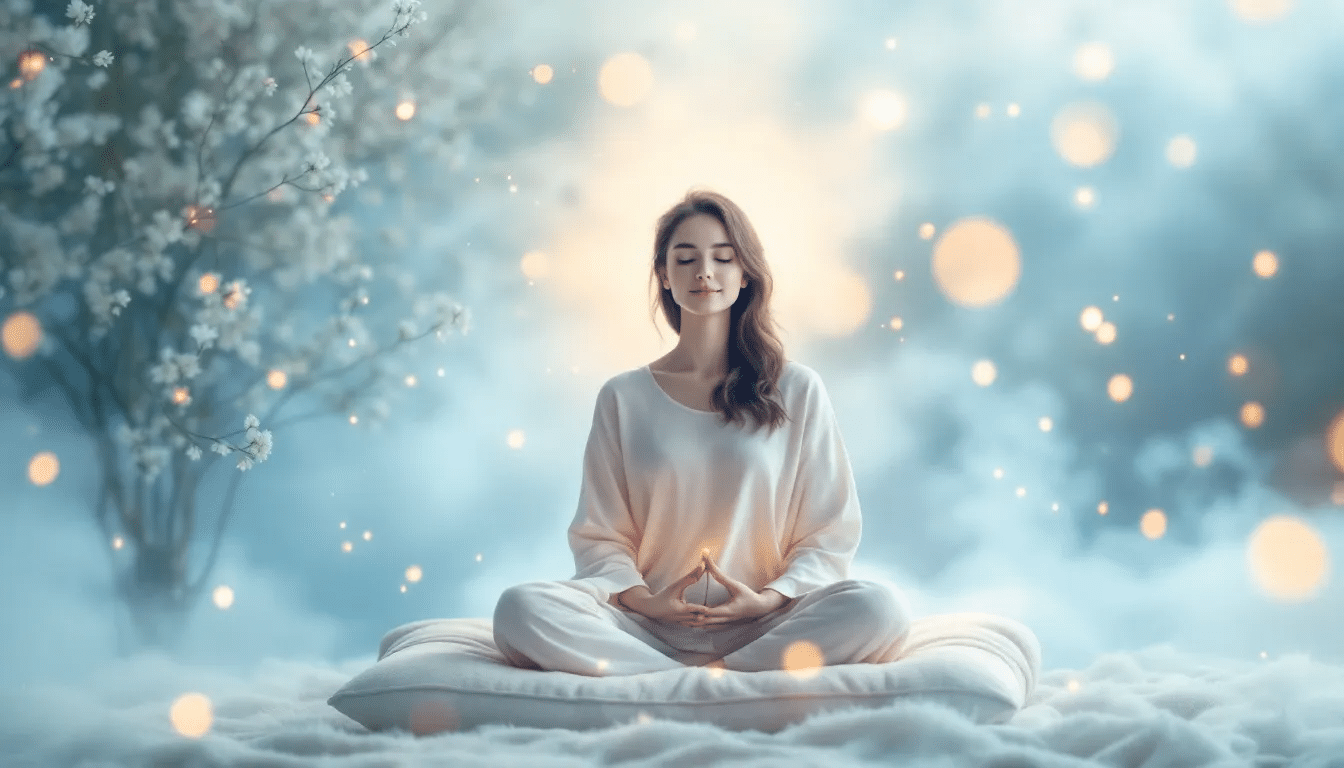 A serene meditation scene with binaural beats music playing in the background.