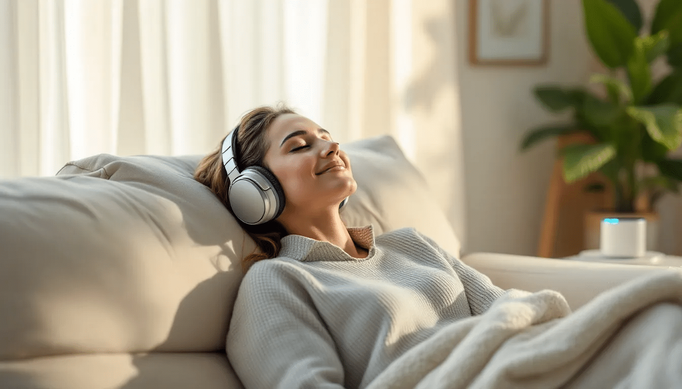 A person using stereo headphones to listen to binaural beats for optimal results.