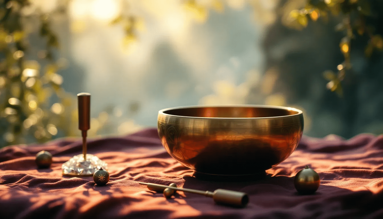 Various tools used in sound healing sessions, including singing bowls and tuning forks.