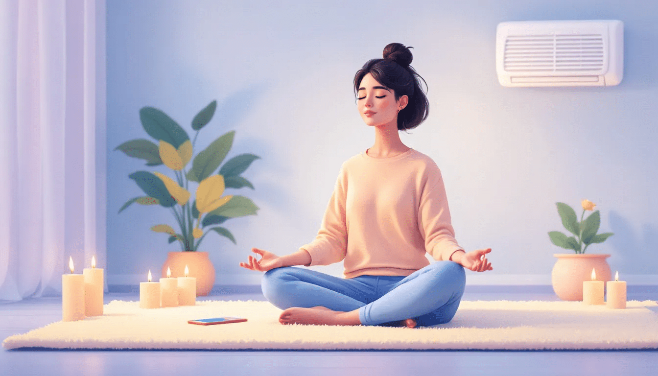An individual facing distractions while attempting guided meditation.