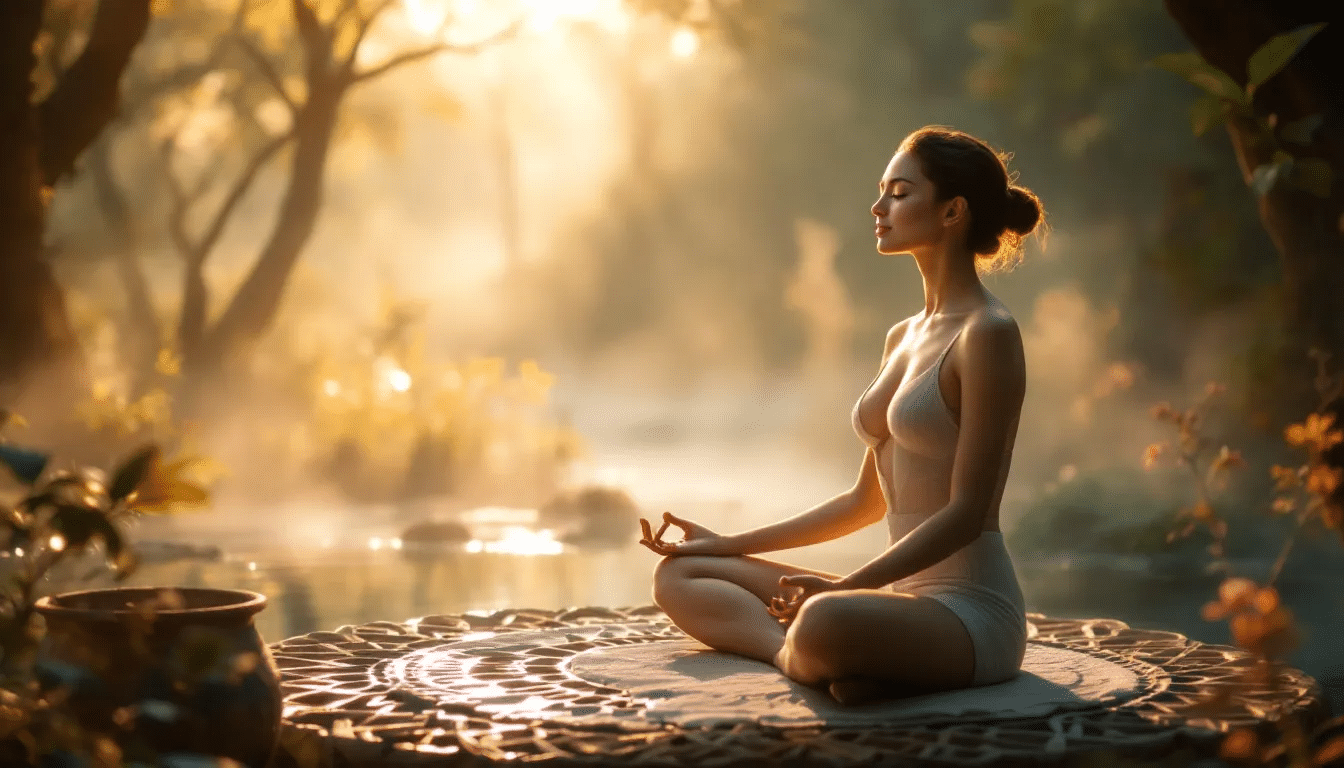 Yoga practice enhanced by soothing meditation music.