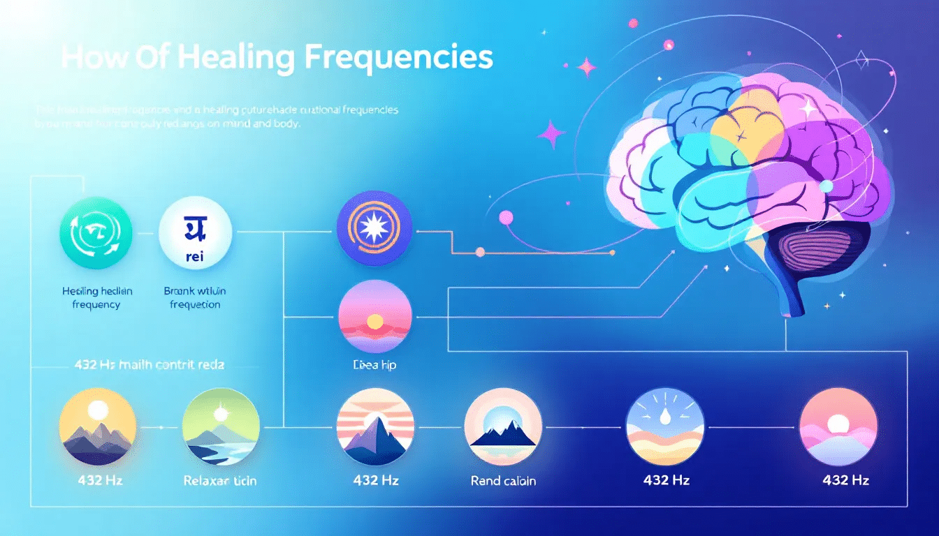 An illustration showing various healing frequencies and their effects on the mind and body.