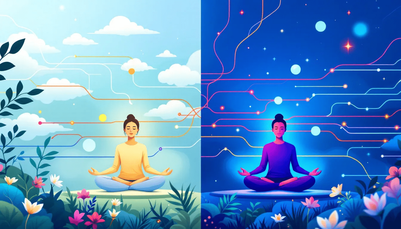 A visual representation of mindfulness meditation, highlighting its unique aspects compared to concentration meditation.