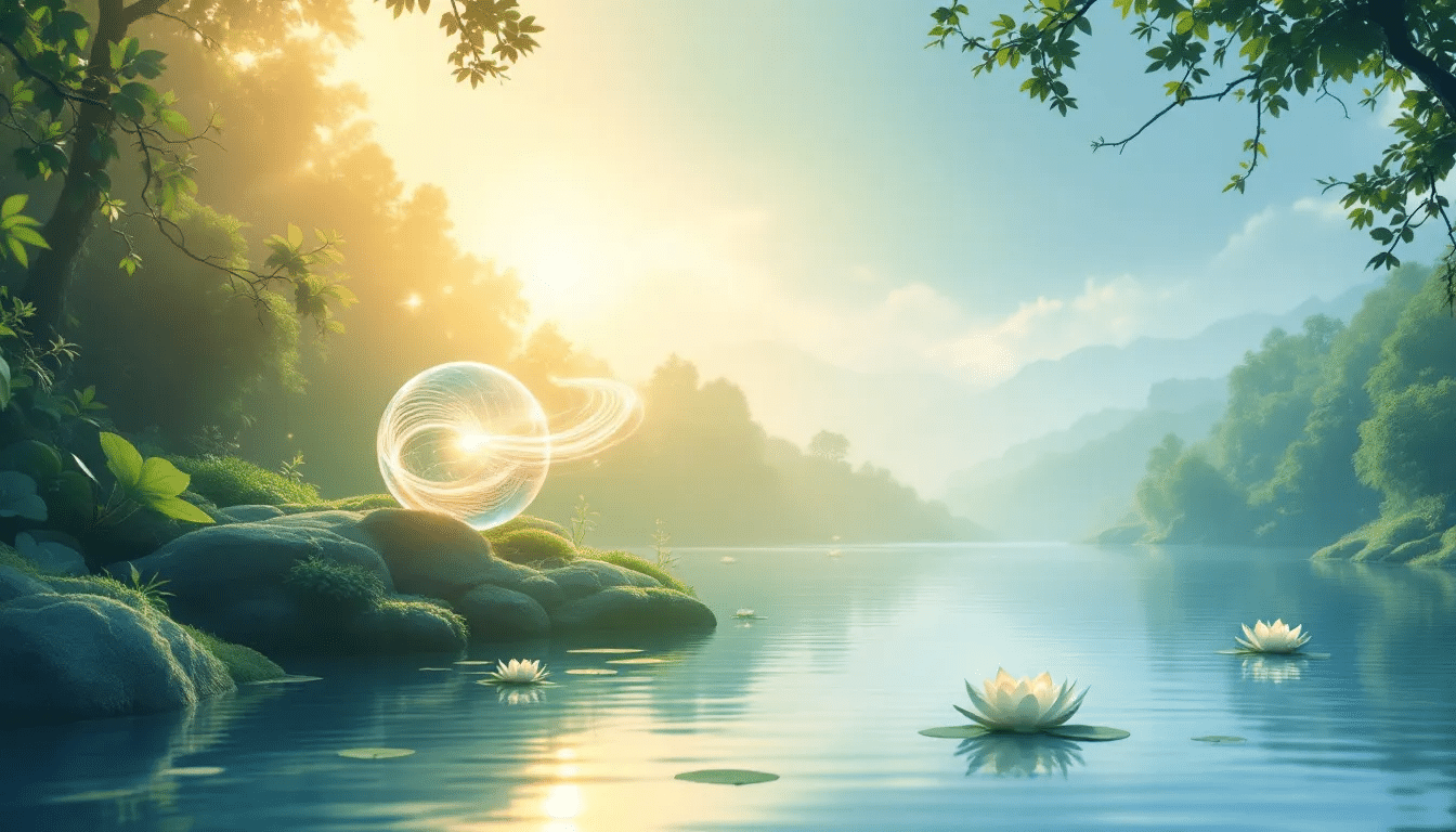 An illustration depicting the healing power of sound therapy, showcasing sound waves and a serene environment.