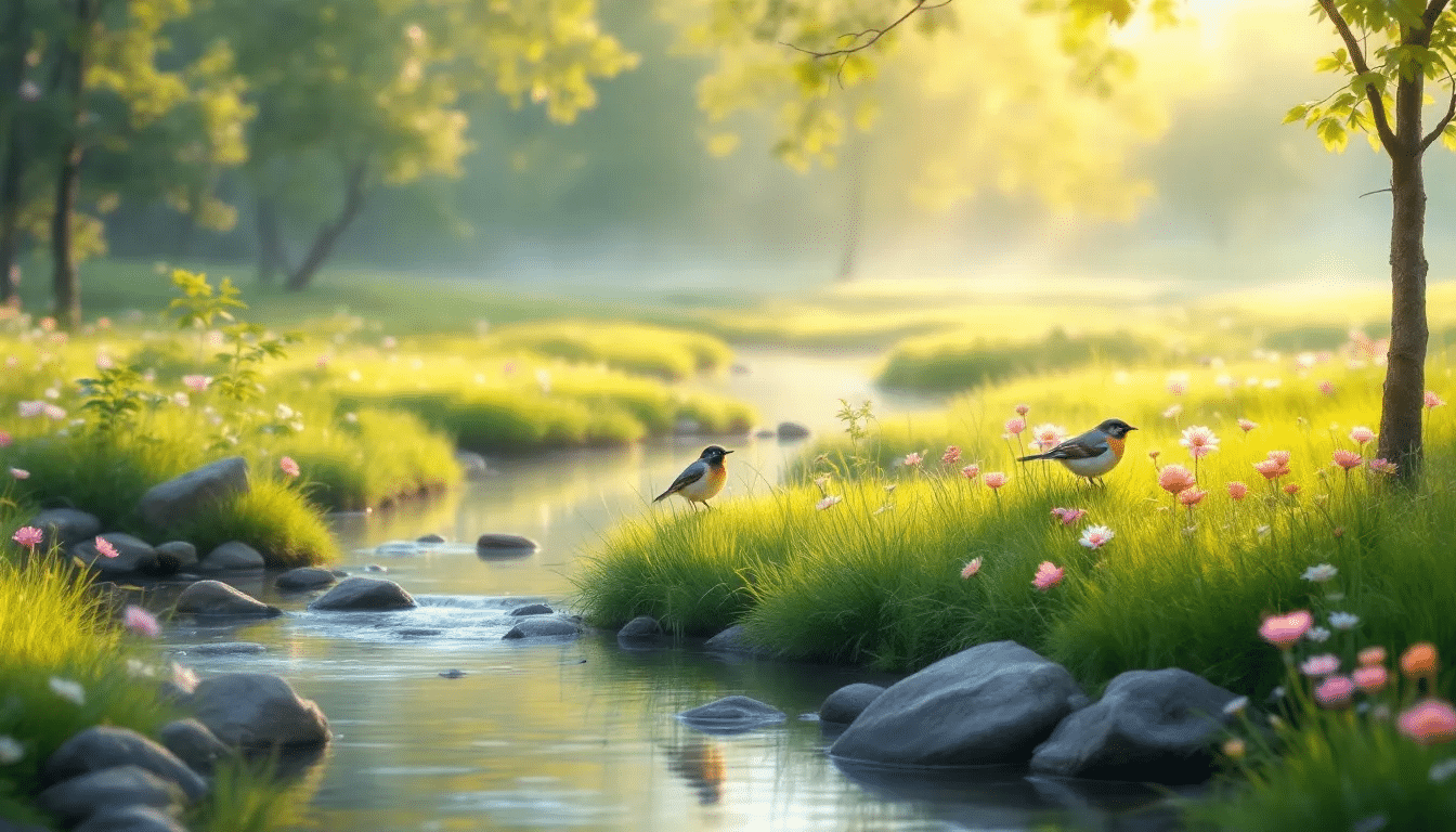 Nature sounds and flowing water create a peaceful ambiance for relaxation and meditation.