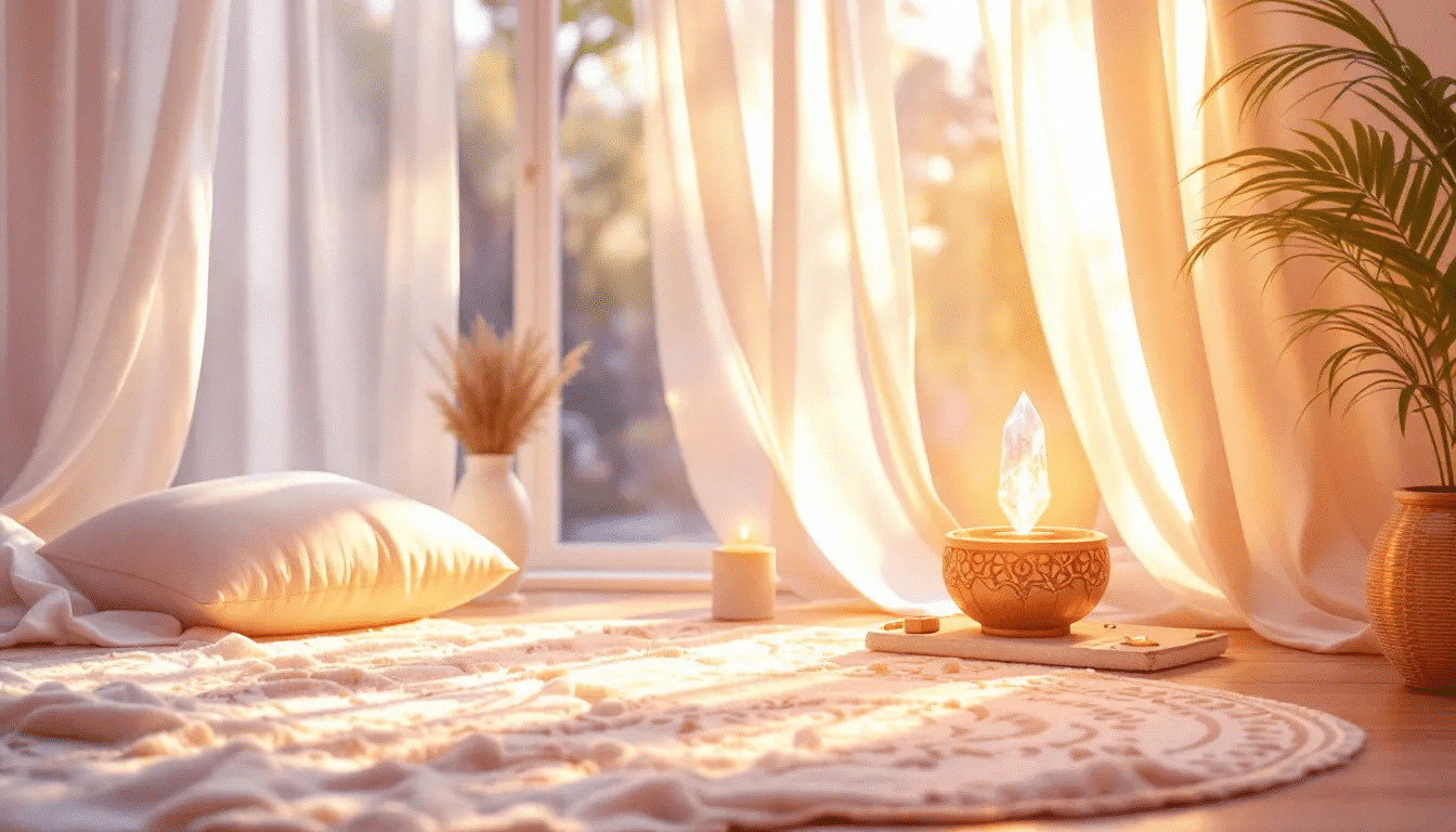 A serene home setting for practicing frequency healing, featuring sound therapy tools.