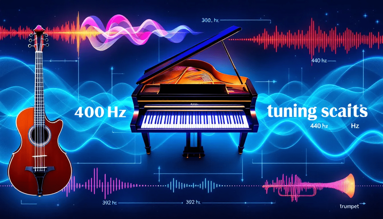 A collage of various musical instruments highlighting their tuning frequencies.
