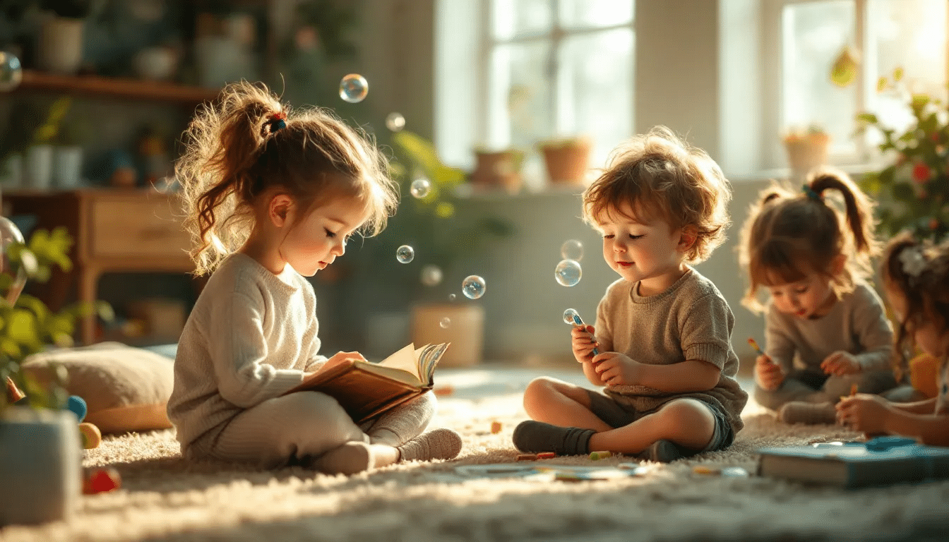 Children engaging in daily activities while listening to relaxing music.