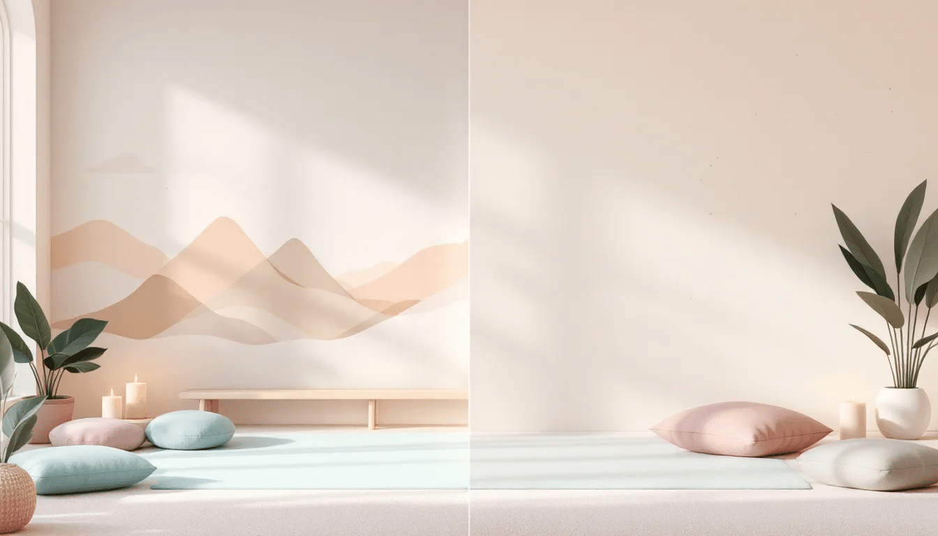 A split image comparing guided meditation and self meditation practices.