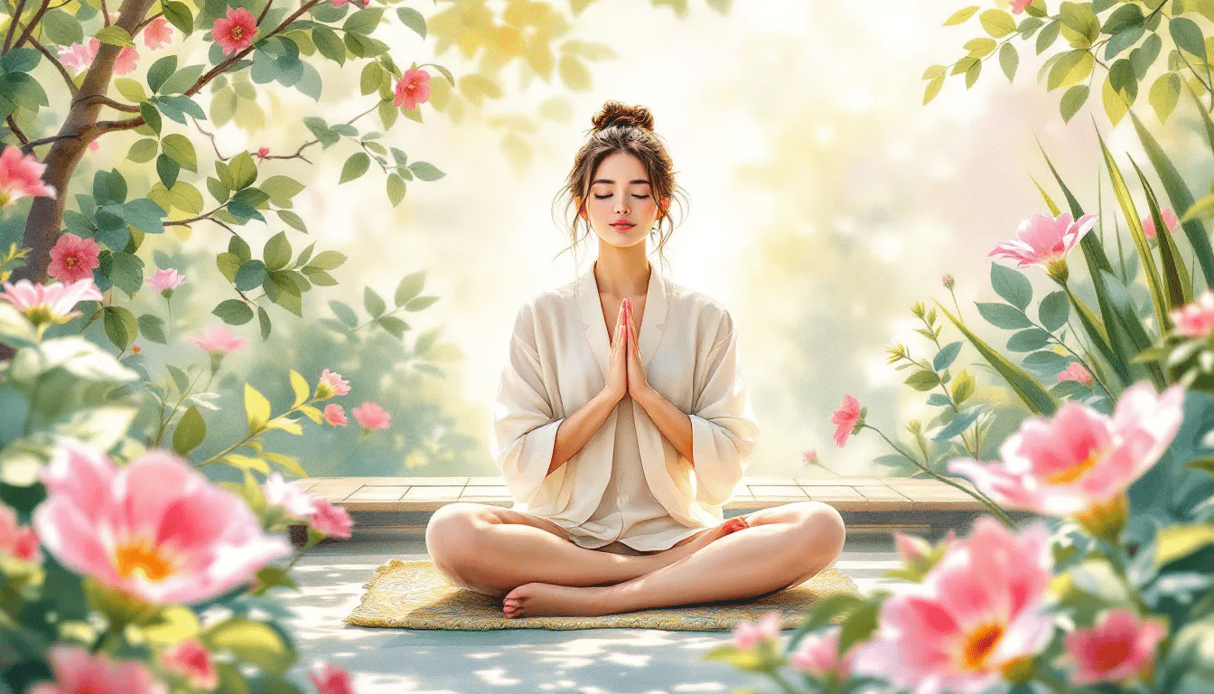 A person meditating while listening to meditation music.