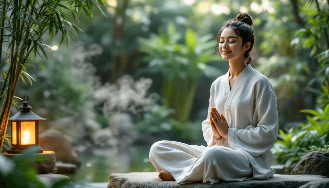A serene image depicting a person meditating while listening to om chant tracks.