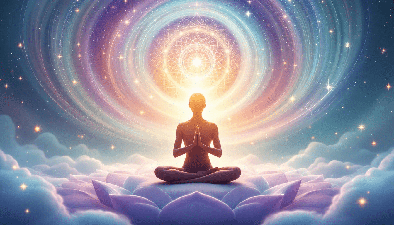 An illustration of a person meditating with solfeggio frequencies in the background.