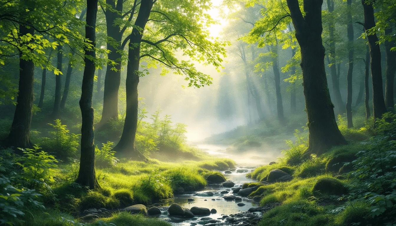 A peaceful nature scene with soft ambient music notes overlaying the image, representing meditation.