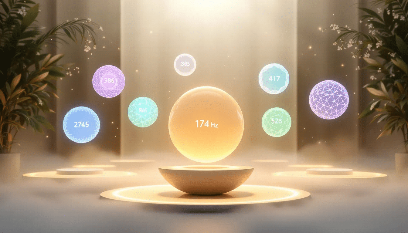 An illustration depicting various solfeggio frequencies and their healing properties.