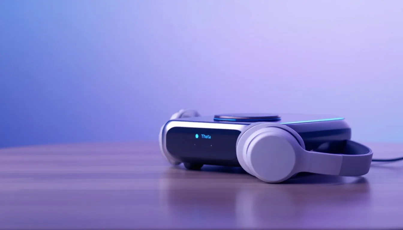 An image showcasing a digital device with theta binaural beats audio ready for download.