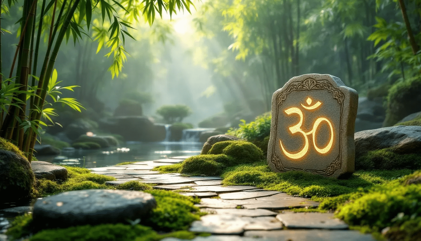 An artistic representation of the phrase 'Om Mani Padme Hum' surrounded by calming visuals.