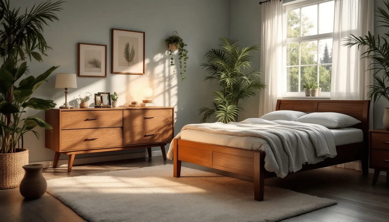 A cozy bedroom setting with soft lighting and calming music playing, ideal for a good night's sleep.