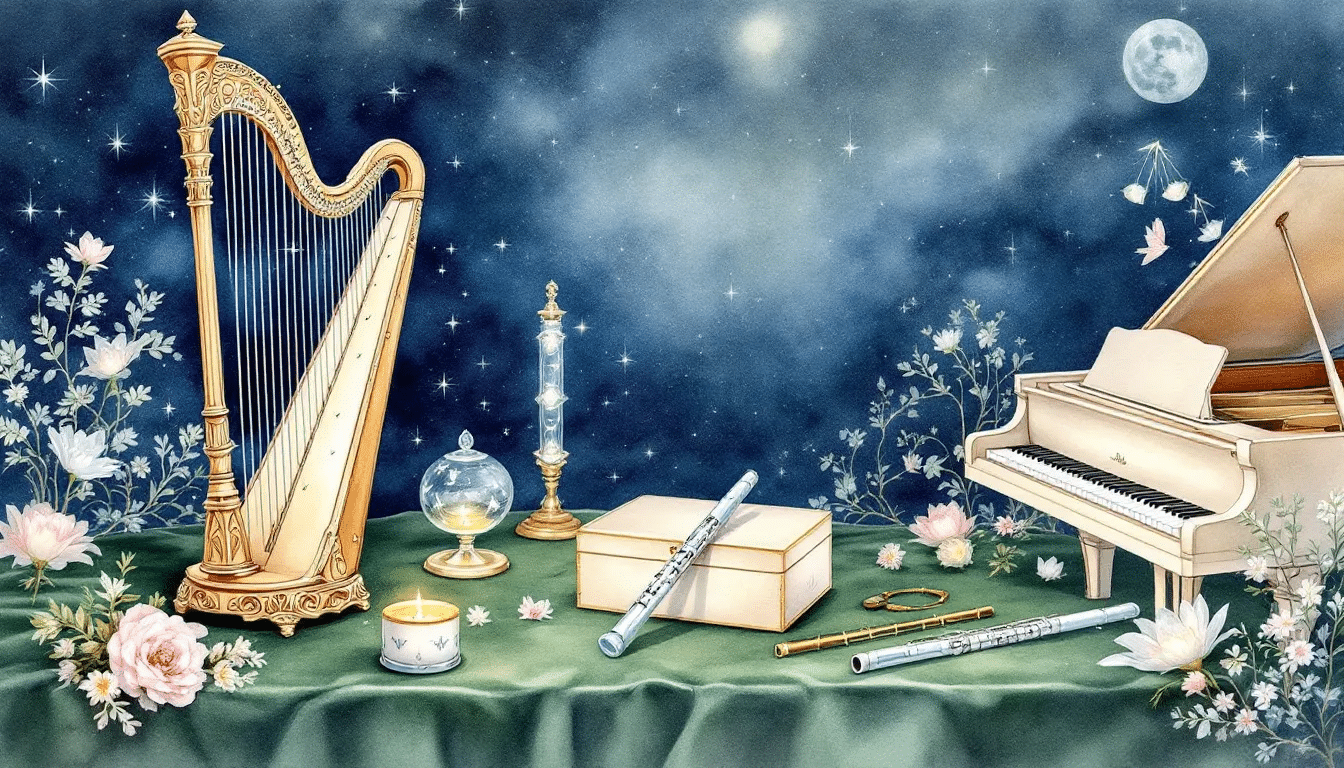 An assortment of musical instruments used for creating instrumental music for sleep.
