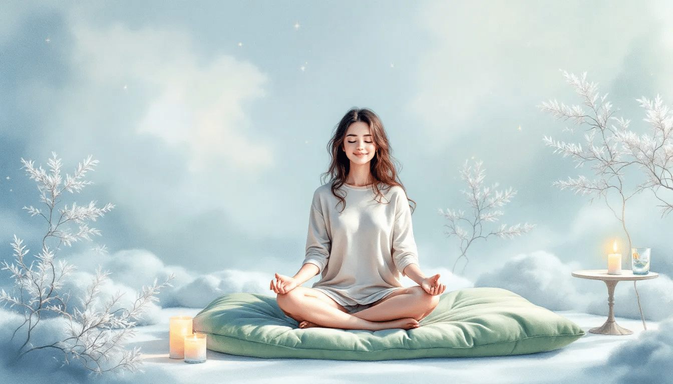 A person meditating in a serene environment while listening to meditation music for sleep.