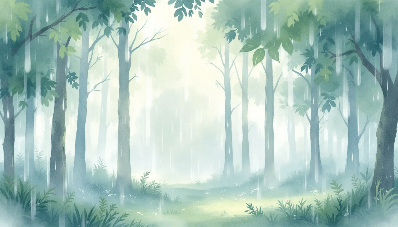 A peaceful nature scene with gentle rain, representing nature sounds for insomnia relief.