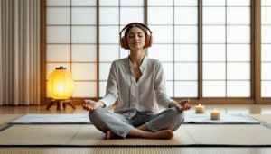 A person meditating with headphones on, experiencing binaural beats for brainwave frequencies.