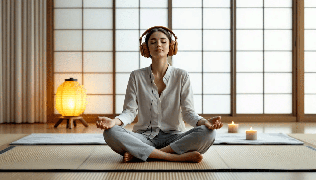 A person meditating with headphones on, experiencing binaural beats for brainwave frequencies.