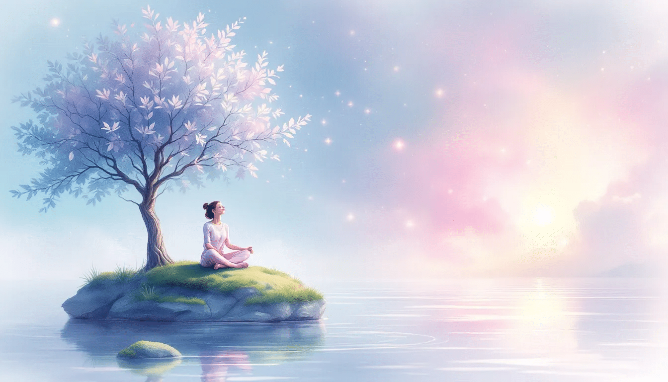 An illustration of meditation music's role in frequency healing, depicting a peaceful scene.