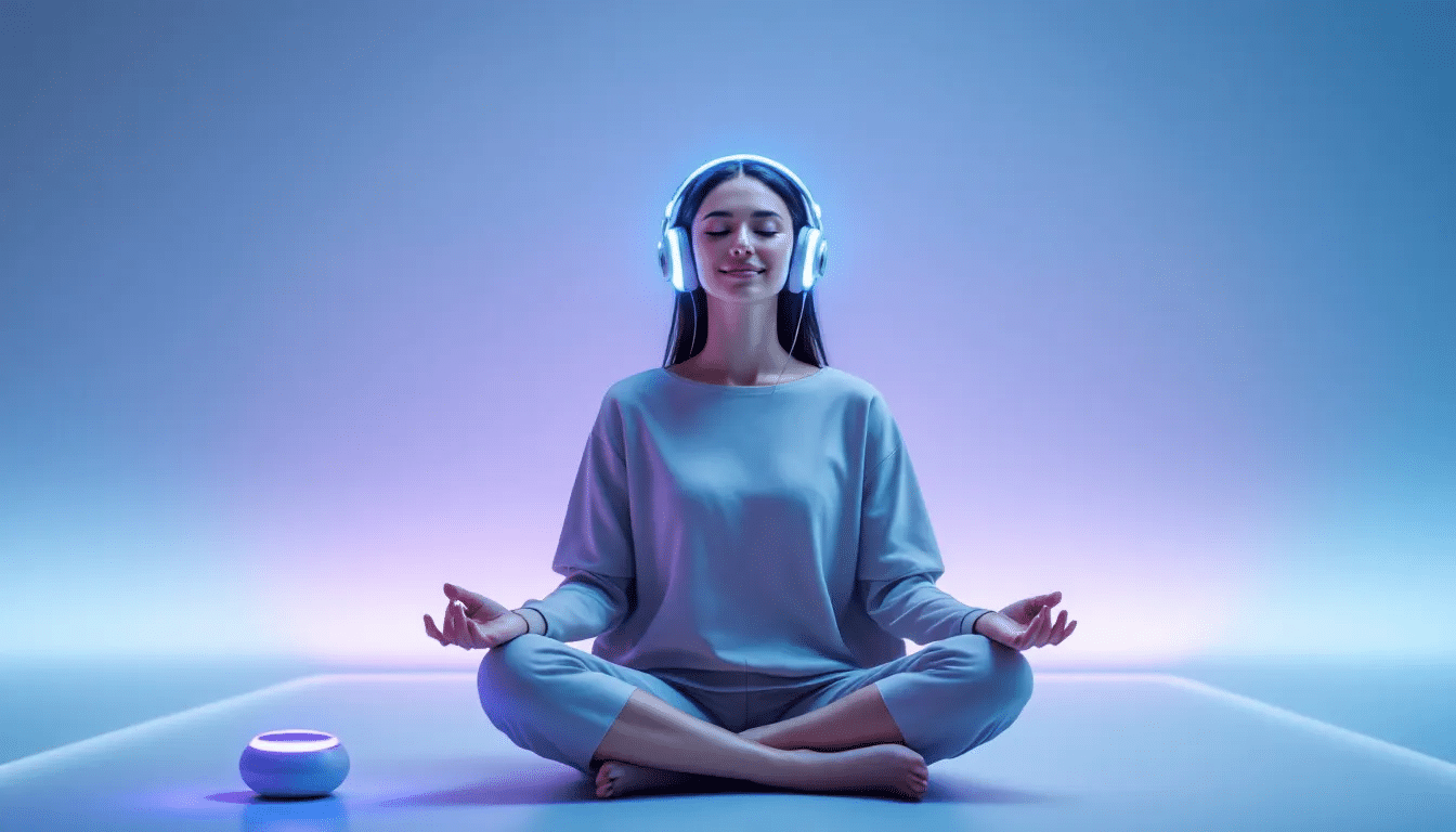 A calming scene of a person meditating with headphones, integrating theta binaural beats into their routine.