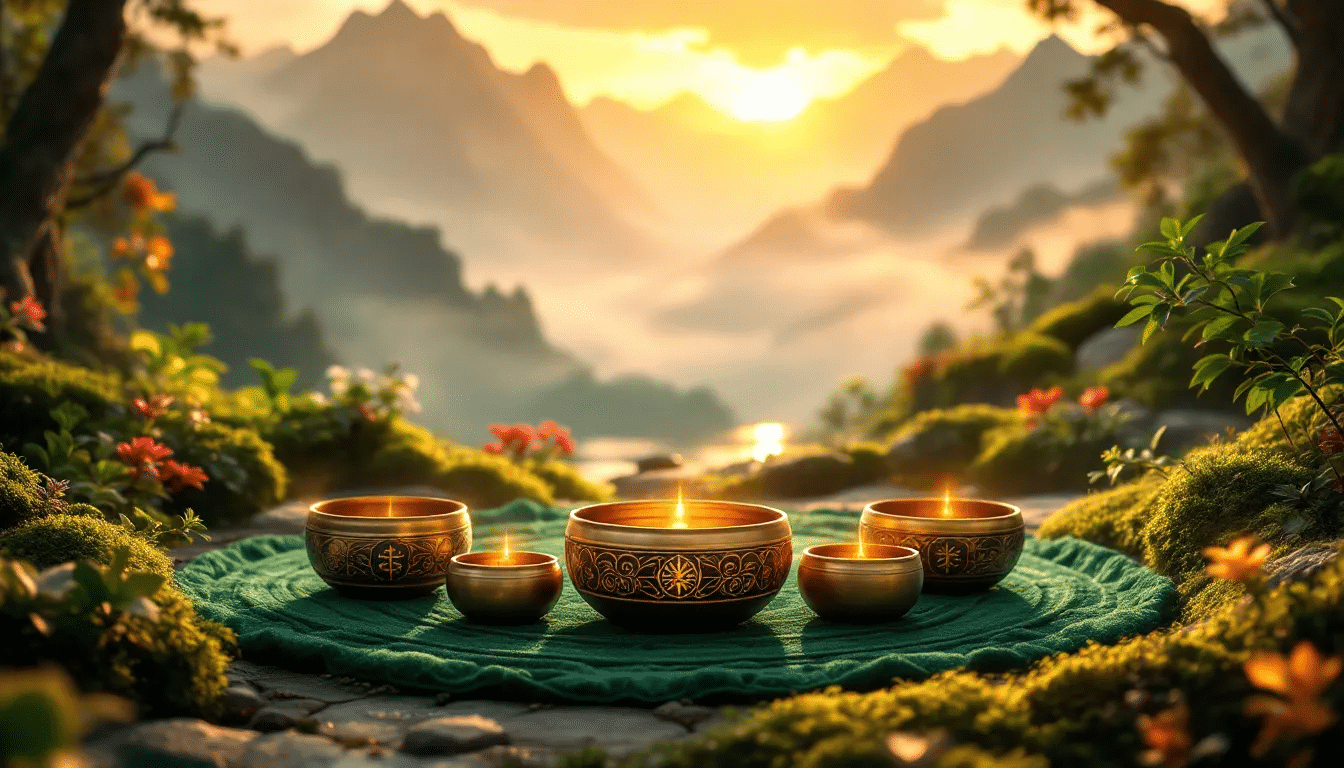 An image of Tibetan singing bowls being used in a sound healing session.