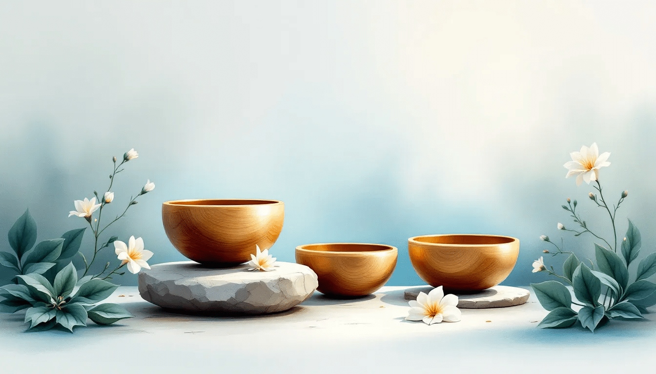 A serene environment showcasing singing bowls used for healing frequencies.