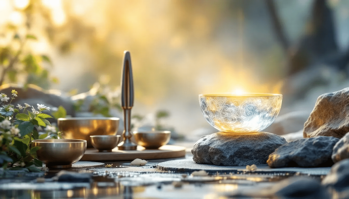 A collection of sound healing instruments, including crystal singing bowls and singing bowls, in a serene setting.