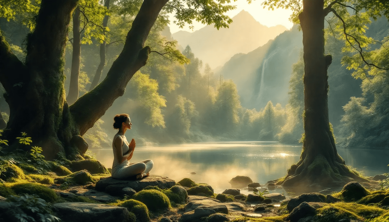A serene scene depicting a person meditating with soothing sounds of solfeggio frequencies for healing.