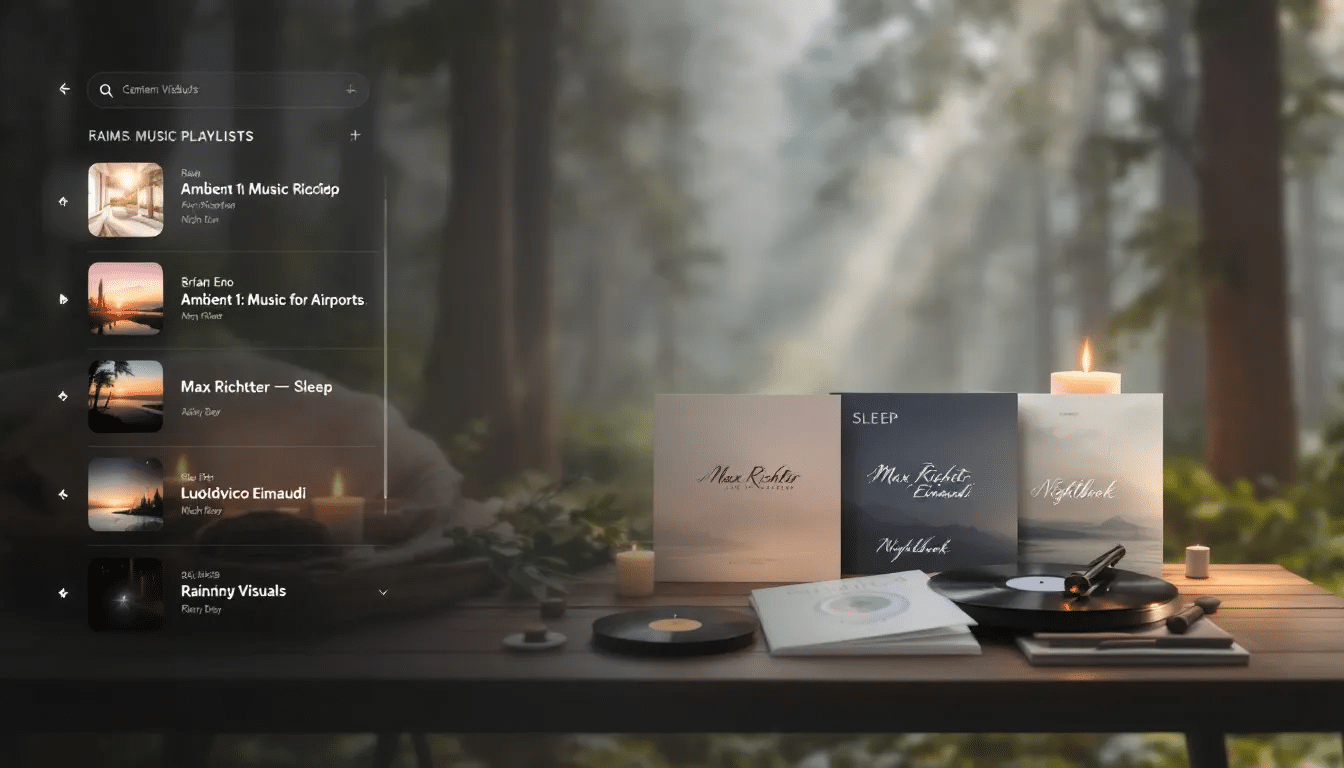 An assortment of calming music albums and playlists suitable for meditation.