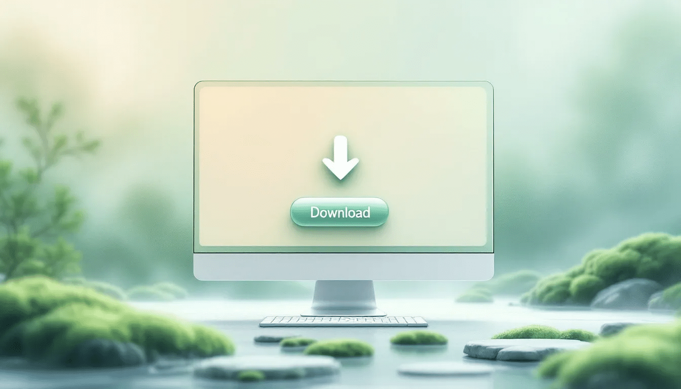 An illustration of a computer screen displaying a download button for royalty-free om meditation music.