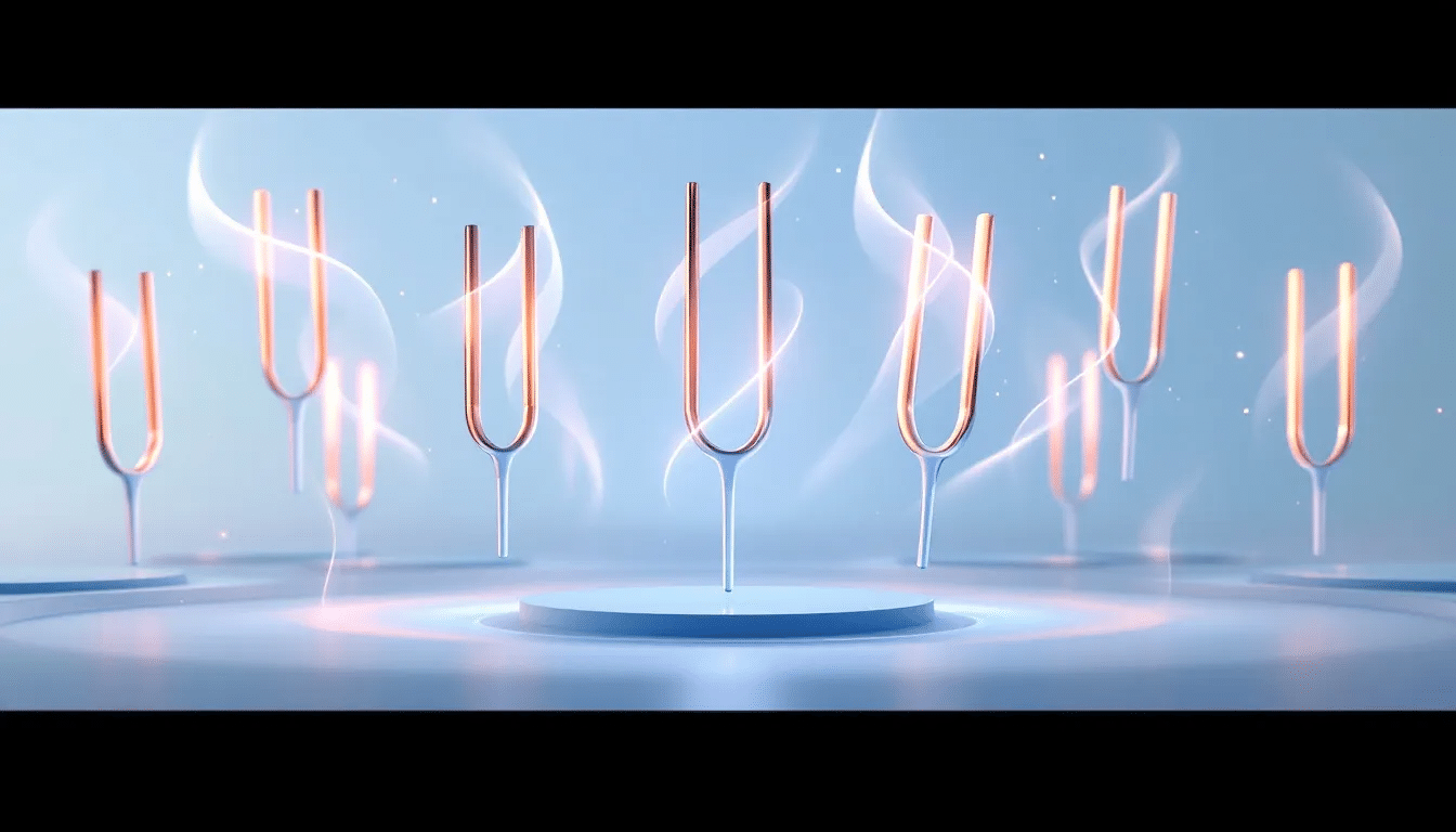 A collection of tuning forks used in sound healing practices.