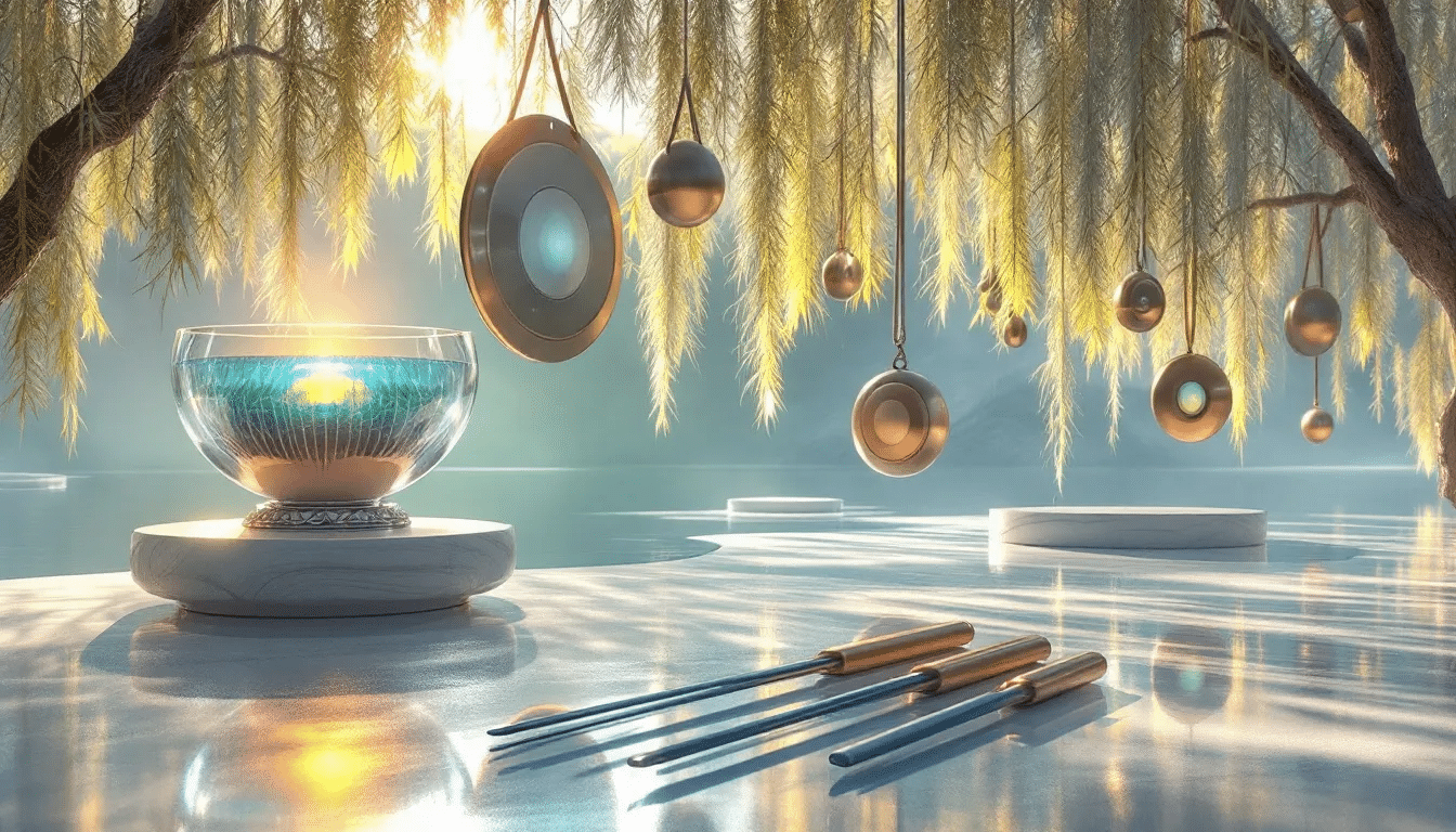 Various tools used in sound frequency treatment, including tuning forks and sound baths.