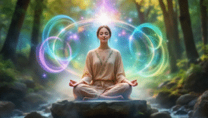 A person meditating while surrounded by visual representations of solfeggio frequencies.