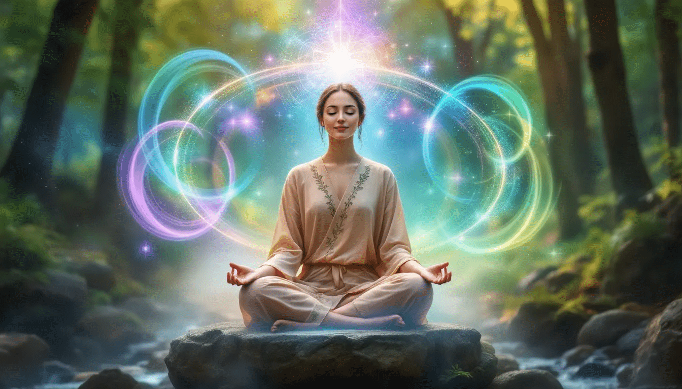 A person meditating while surrounded by visual representations of solfeggio frequencies.