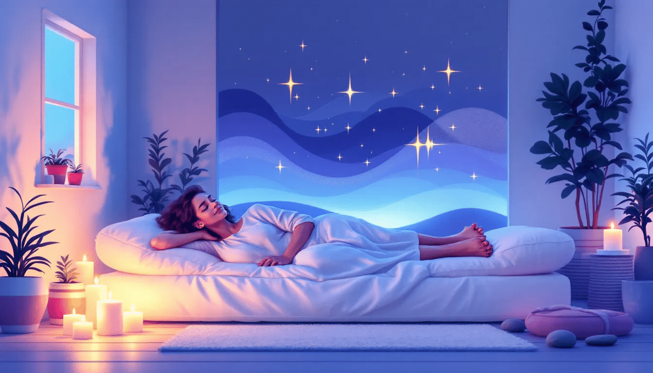 An illustration of various goals achievable with binaural beats, including deep sleep and relaxation.
