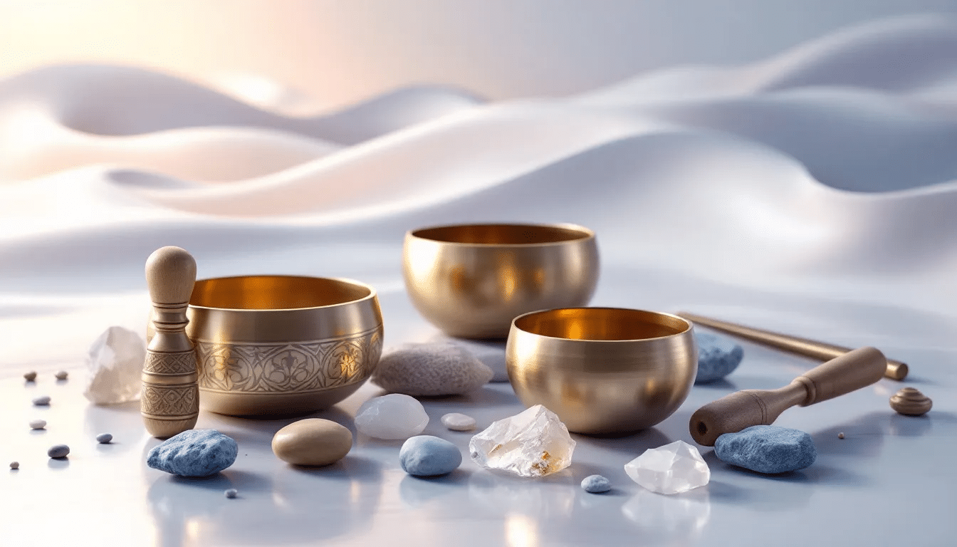 An assortment of sound healing tools including singing bowls and tuning forks.
