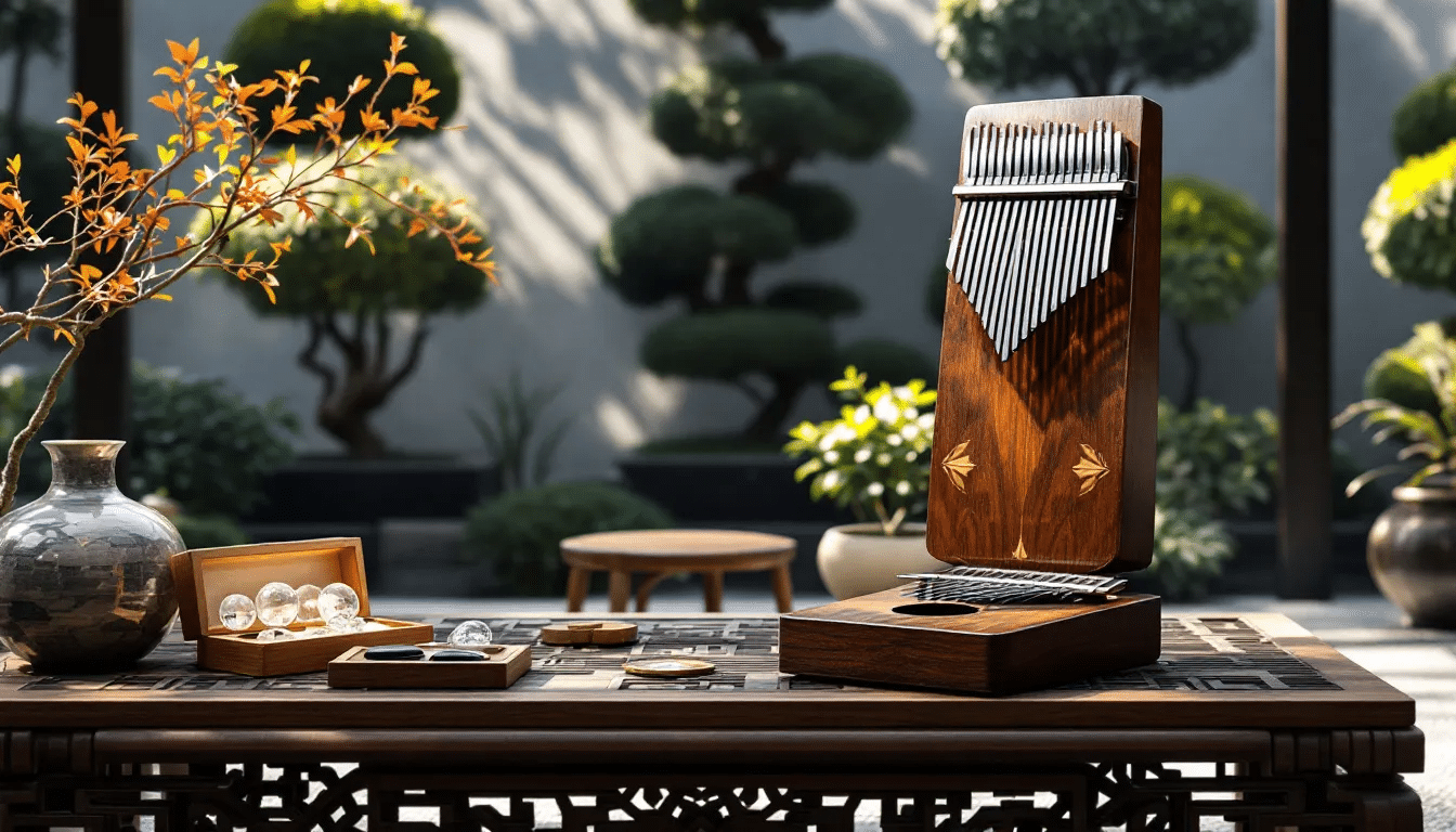 String instruments for meditation displayed, including kalimbas and monochords.