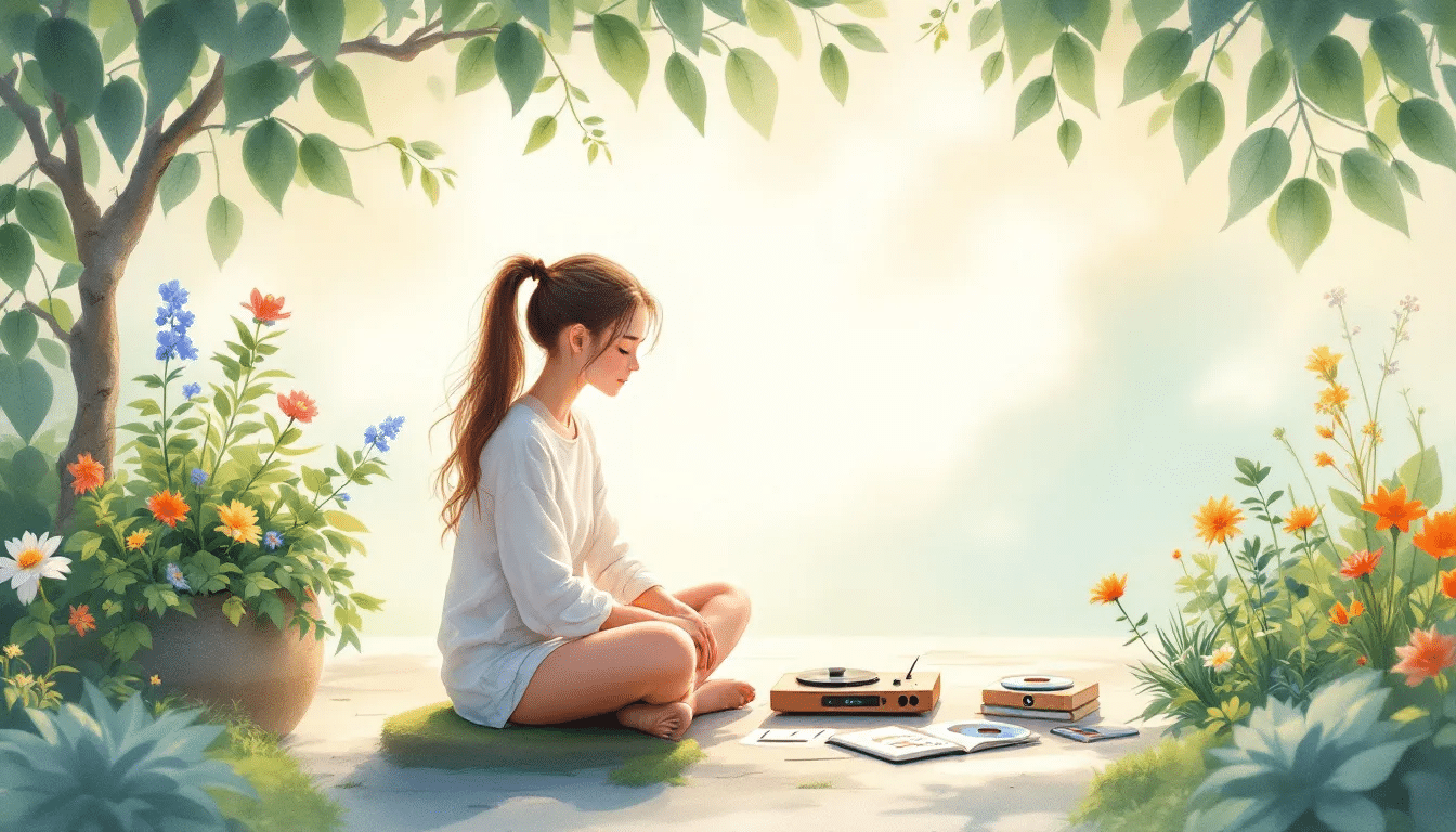 A peaceful scene depicting a person creating a playlist for deep relaxation.