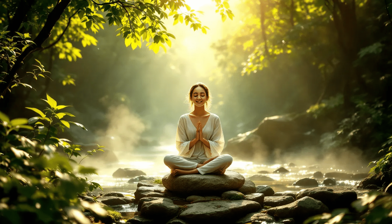 A peaceful scene of a person meditating with relaxing music in the background.